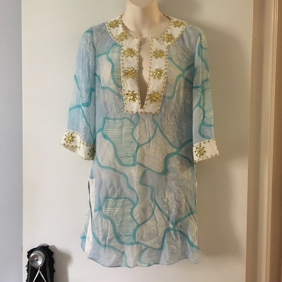 CHRISTIANE CELLE CALYPSO Pure Silk Chiffon Embellished Beach Blouse XS - Picture 1 of 7
